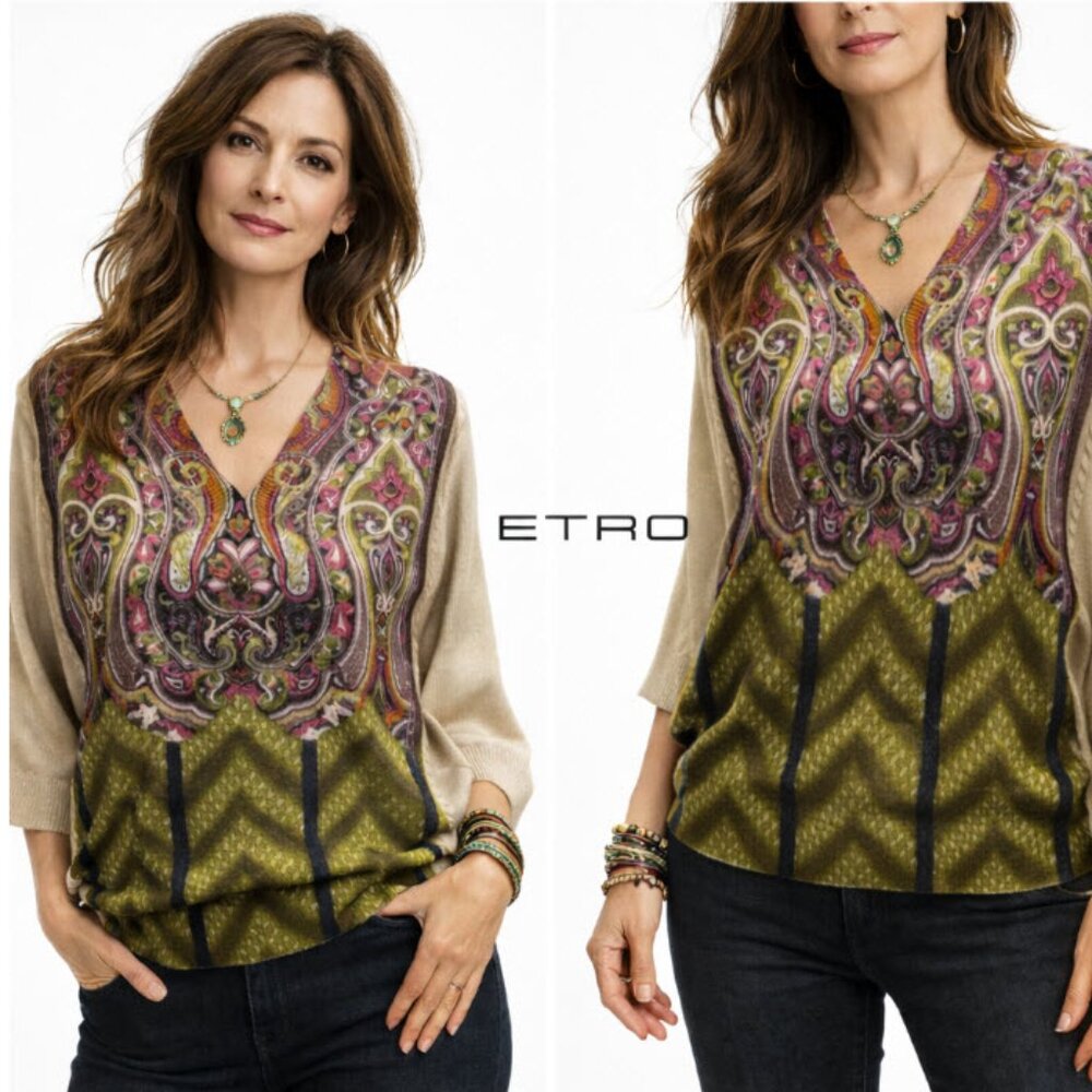 Etro Wool Cashmere V-Neck Batwing Boho Print Sweater Paisley Size 8 US